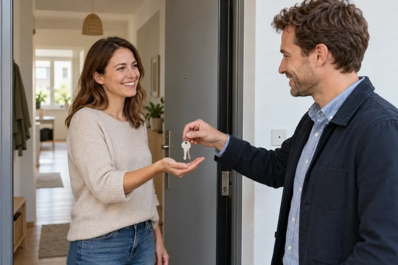 Bei der Wohnungsübergabe reicht eine Person einer anderen die Schlüssel